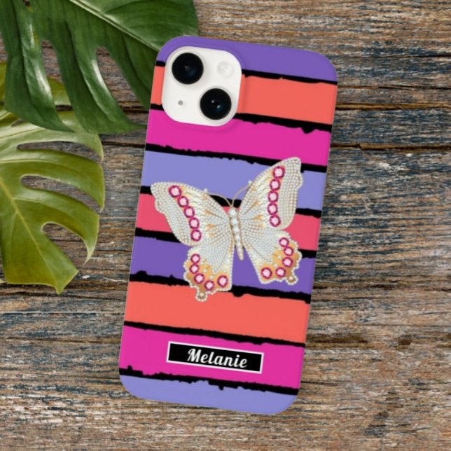 Modern groovy stripes monogrammed butterfly retro  Case-Mate iPhone 14 hülle (Von Creator hochgeladen)