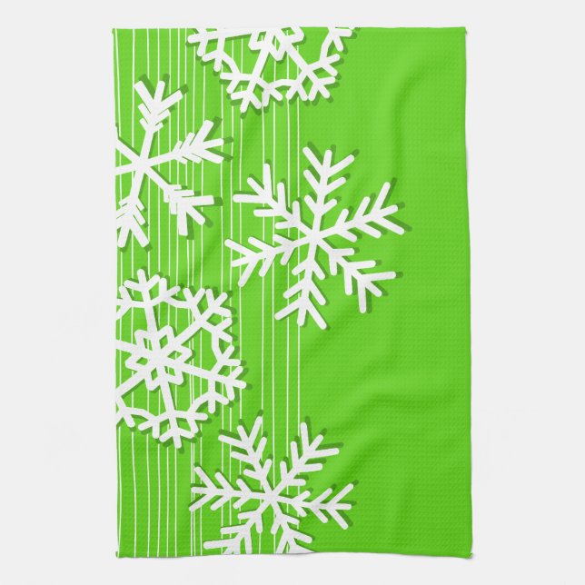 Modern grüne und weiße weiße Weihnachtsschneeflock Geschirrtuch (Vertikal)