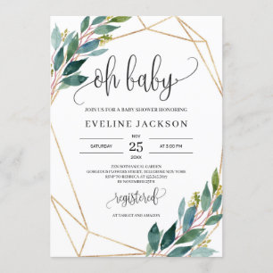 Modern grüner Eukalyptus und goldenes oh Baby Einladung