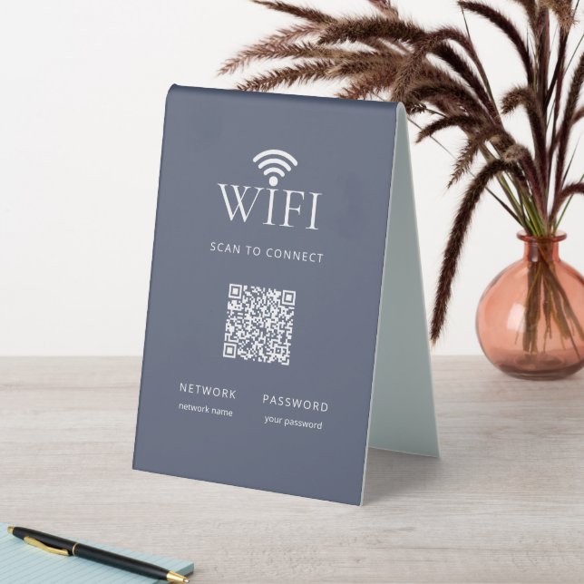 Modern Guest WiFi Password QR Code Muted Blue Tischaufsteller (In Situ (Tisch))