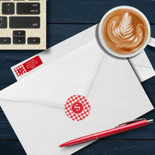 Modern Hahnentrittmuster Cherry Red & White Monogr Runder Aufkleber