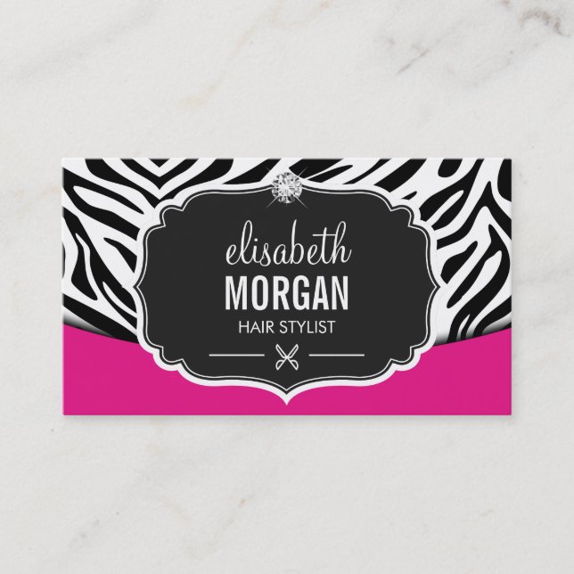 Modern Hair Stylist Black Pink Zebra Print Diamond Visitenkarte (Vorderseite)