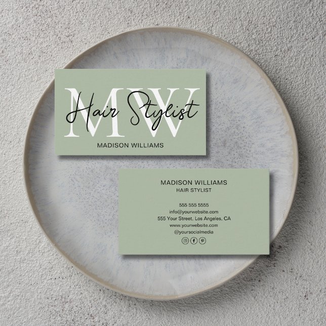 Modern Hair Stylist Monogram Sage Green  Visitenkarte (Modern Hair Stylist Monogram Sage Green Business Card)