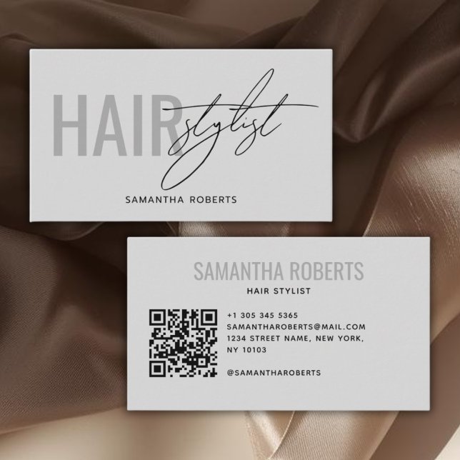 Modern hair stylist QR Code gray Visitenkarte (Von Creator hochgeladen)