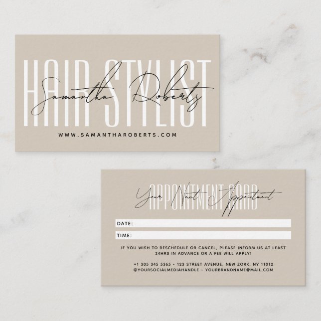 Modern hair stylist script typography beige terminkarte (Vorne/Hinten)