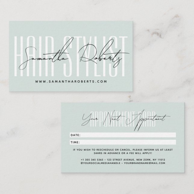 Modern hair stylist script typography blue terminkarte (Vorne/Hinten)