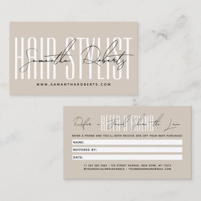 Modern hair stylist script typography customer  empfehlungskarte (Vorne/Hinten)