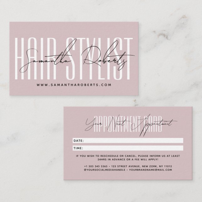 Modern hair stylist script typography neutral pink terminkarte (Vorne/Hinten)