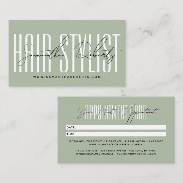 Modern hair stylist script typography sage green terminkarte (Vorne/Hinten)