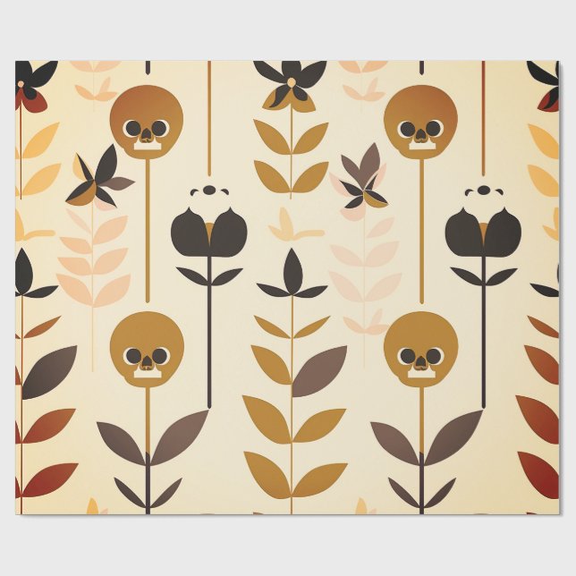 Modern Halloween Skull Floral Pattern Wrapping Pap Geschenkpapier (Flach)