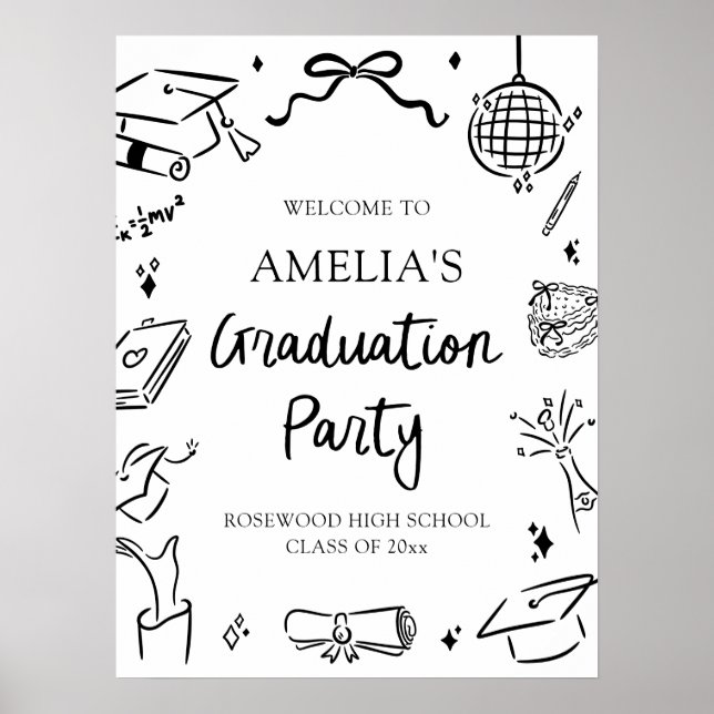 Modern Hand Drawn Bow Graduation Party Welcome Poster (Vorne)