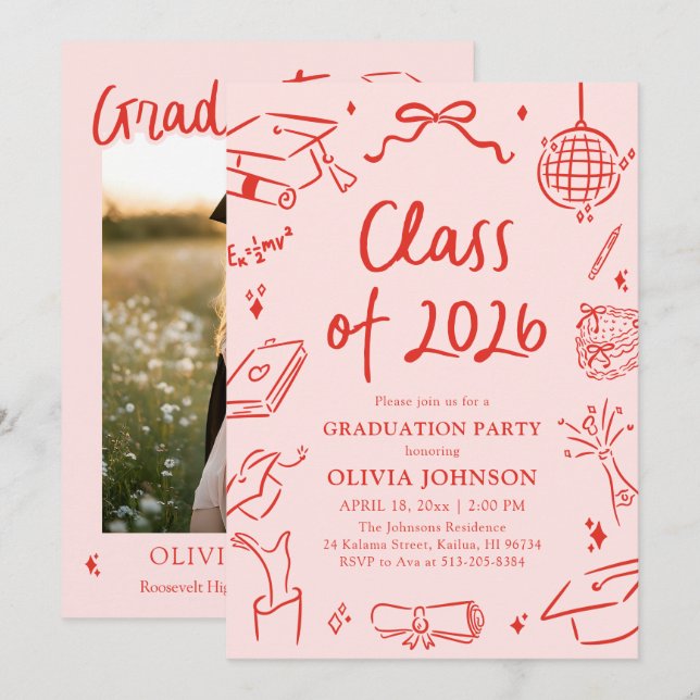 Modern Hand Drawn Class of 2026 Graduation Party Einladung (Vorne/Hinten)