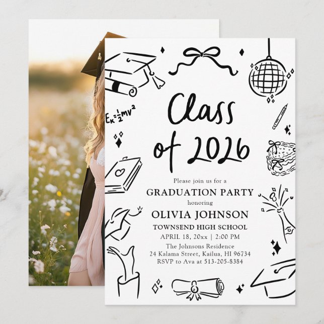 Modern Hand Drawn Class of 2026 Graduation Party Einladung (Vorne/Hinten)