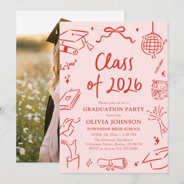 Modern Hand Drawn Class of 2026 Graduation Party Einladung (Vorne/Hinten)