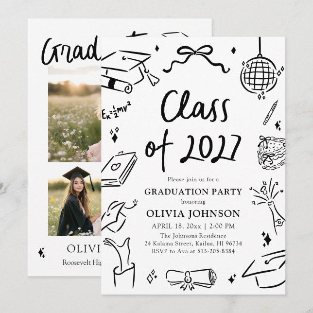 Modern Hand Drawn Class of 2027 Graduation Party Einladung (Vorne/Hinten)