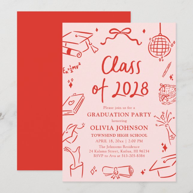 Modern Hand Drawn Class of 2028 Graduation Party Einladung (Vorne/Hinten)