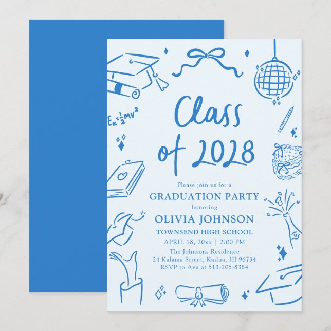 Modern Hand Drawn Class of 2028 Graduation Party Einladung (Vorne/Hinten)