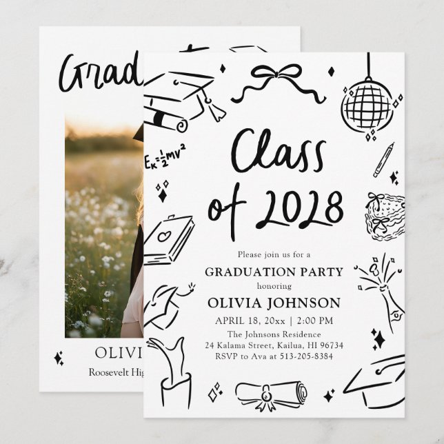 Modern Hand Drawn Class of 2028 Graduation Party Einladung (Vorne/Hinten)
