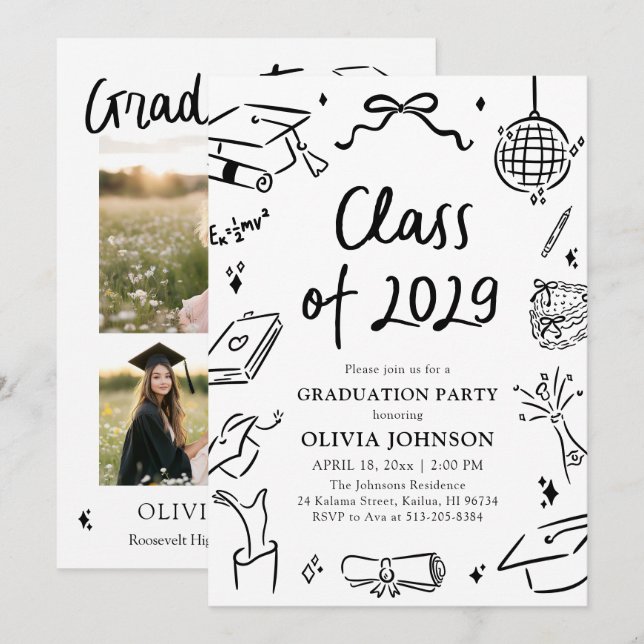 Modern Hand Drawn Class of 2029 Graduation Party Einladung (Vorne/Hinten)