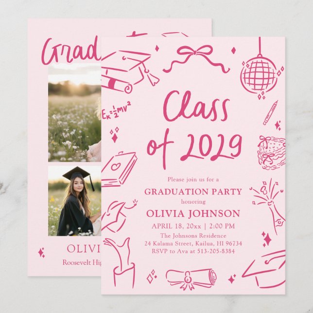 Modern Hand Drawn Class of 2029 Graduation Party Einladung (Vorne/Hinten)