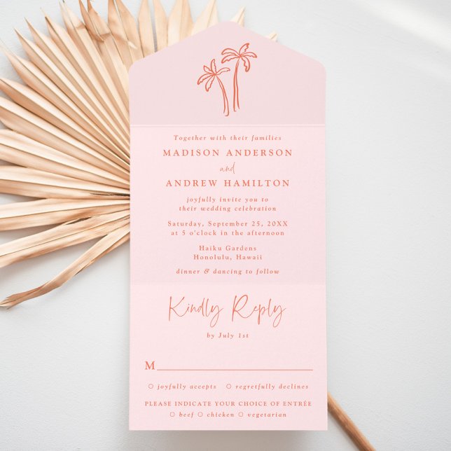 Modern Hand-Drawn Palm Trees Pink Wedding All In One Einladung (Von Creator hochgeladen)