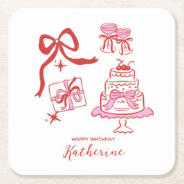 Modern Hand Drawn Red Pink Birthday Doodles Party Rechteckiger Pappuntersetzer