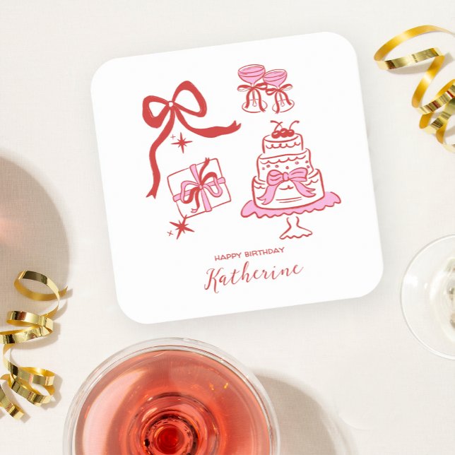 Modern Hand Drawn Red Pink Birthday Doodles Party Rechteckiger Pappuntersetzer (Von Creator hochgeladen)