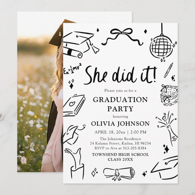 Modern Hand Drawn She did it Graduation Party Einladung (Vorne/Hinten)