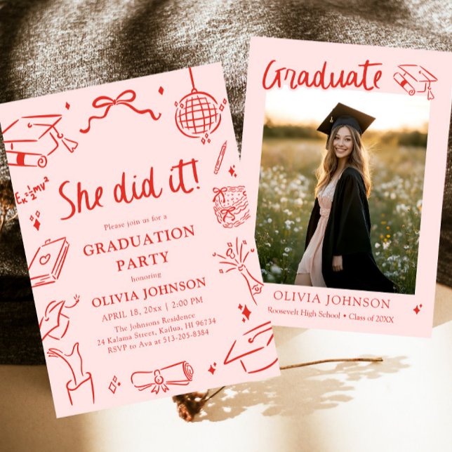 Modern Hand Drawn She did it Graduation Party Einladung (Modern Hand Drawn She did it Graduation Party Invitation)