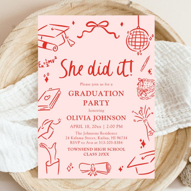 Modern Hand Drawn She did it Graduation Party Einladung (Modern Hand Drawn She did it Graduation Party Invitation)