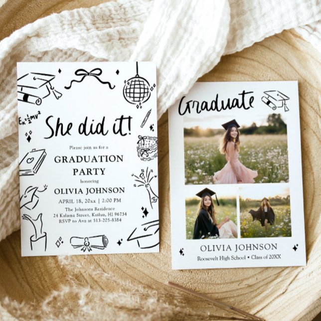 Modern Hand Drawn She did it Graduation Party Einladung (Modern Hand Drawn She did it Graduation Party Invitation)