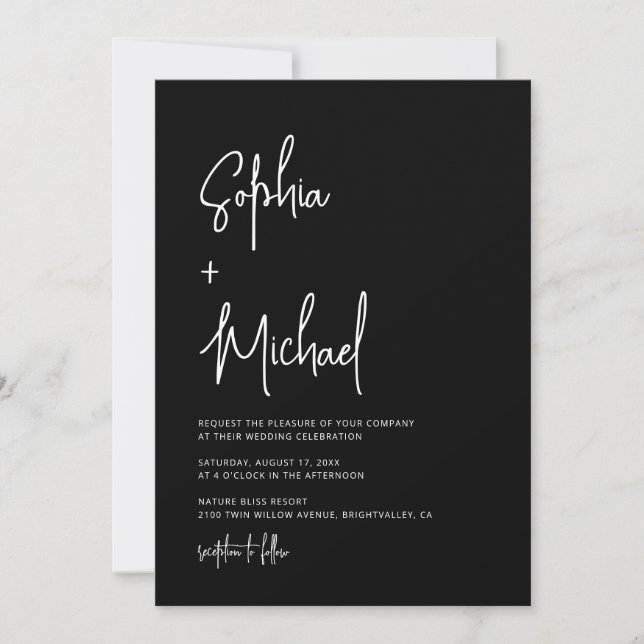 Modern Hand Lettering Script Black White Wedding Einladung (Vorderseite)