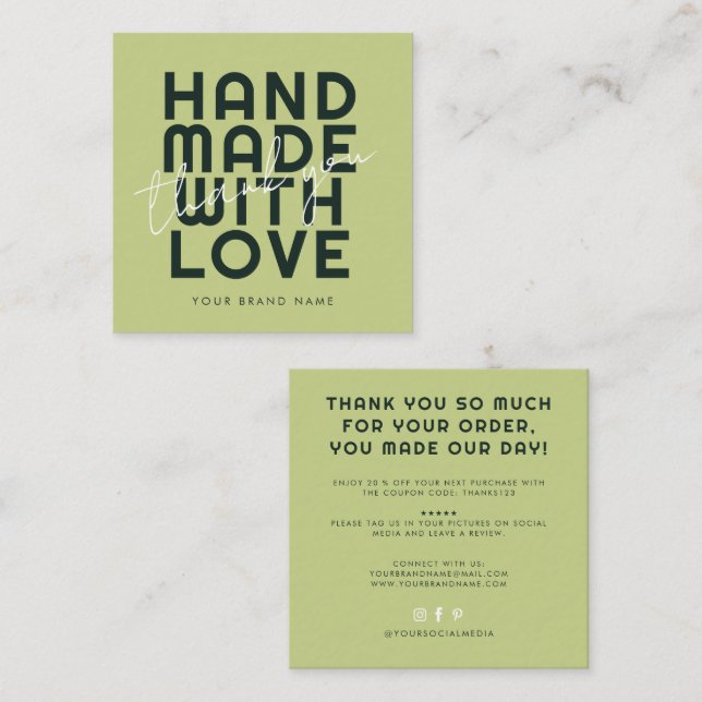 Modern handmade with love thank you quadratische visitenkarte (Vorne/Hinten)