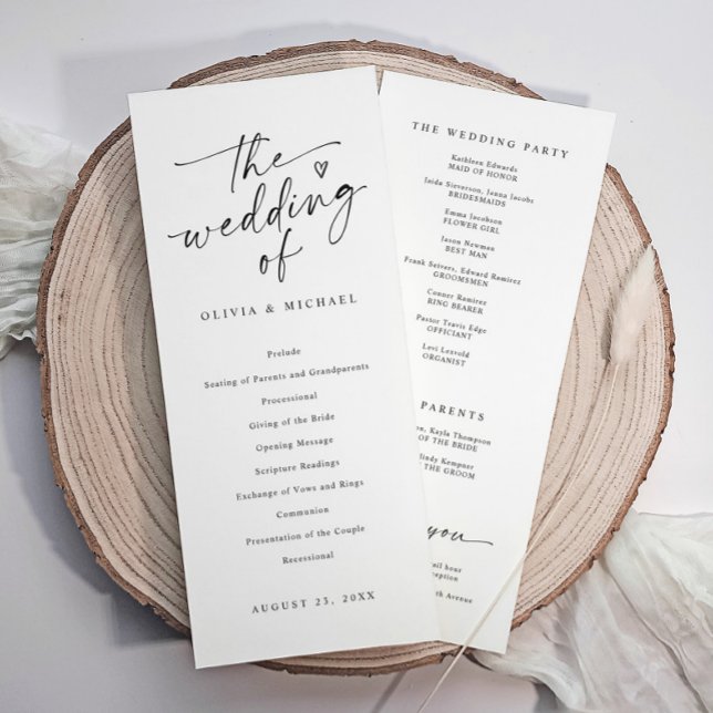 Modern Handwriting Black & White Wedding Ceremony Programm (Modern black and white wedding program with elegant script, heart, and ceremony details.)