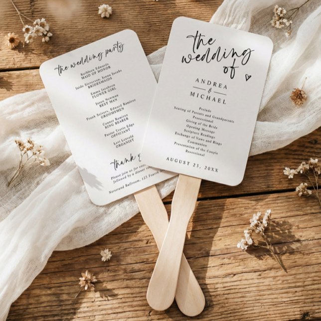 Modern Handwriting Black & White Wedding Programs Fächer (Modern black and white wedding program fan with “the wedding of” in handwritten script)