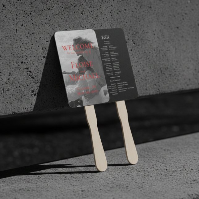 Modern Handwritten Overlay Photo Wedding Fächer (Modern Red Photo Wedding Program Fan)