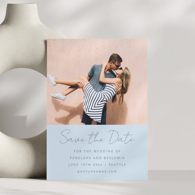 Modern Handwritten Soft Blue Wedding Photo Save The Date (Von Creator hochgeladen)