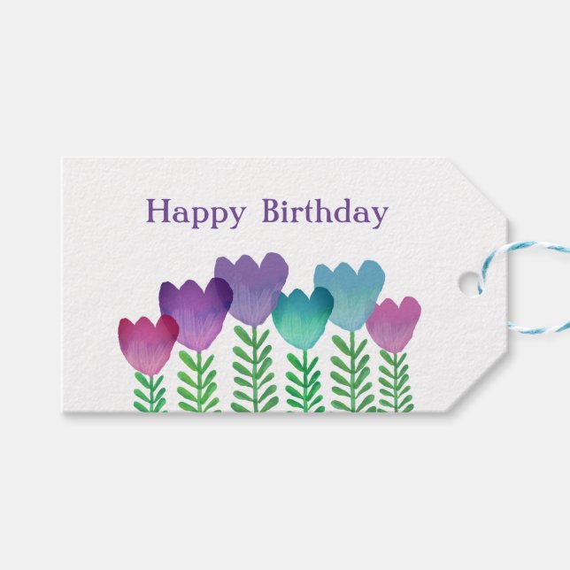 Modern Happy Birthday Floral Geschenkanhänger (Vorderseite (Horizontal))