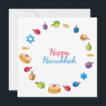 Modern Happy Hanukkah Dreidel Star Sufganiyah<br><div class="desc">Dieses Urlaubsdesign zeigt den Text "Happy Hanukkah" in der modernen rot-blauen Typografie umgeben von dreidels, Goldmünzen, Sternen und Sufganiyah. #hanukkah #chanukah #holidays #seasonal #festive #modern #dreidel #star #coin #gold #starofdavid #design #designer #cards #greetings #greetingcards #stationation</div>