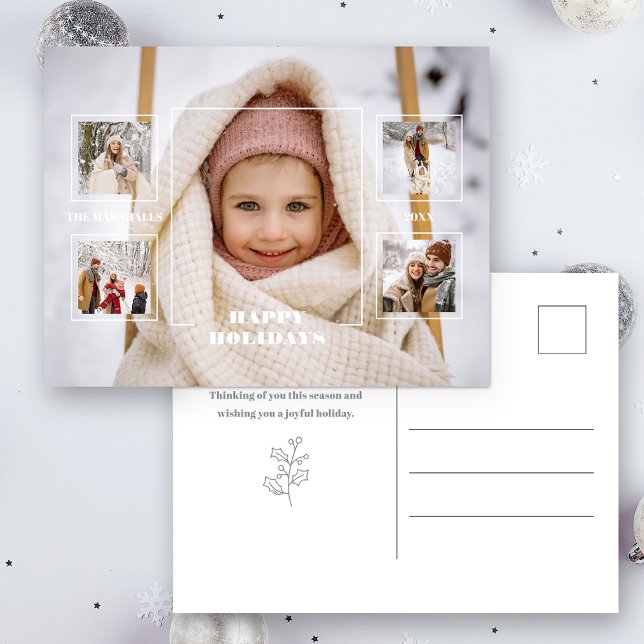 Modern Happy Holidays Thin Line Border 5-Photo Postkarte (Von Creator hochgeladen)