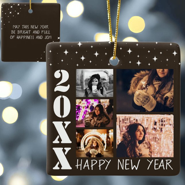 Modern Happy New Year 2026 5 Foto Collage Keramikornament (Von Creator hochgeladen)