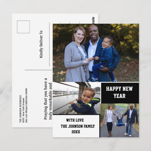 Modern Happy New Year 3 Foto Collage Postkarte (Vorne/Hinten)