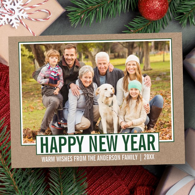 Modern Happy New Year Foto Kraft Postkarte (Customize to change your personalized text size or text style.)