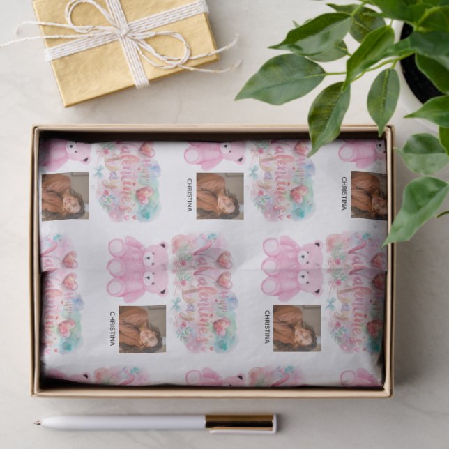 Modern Happy Valentines Day with One square Photo Seidenpapier (Geschenk)