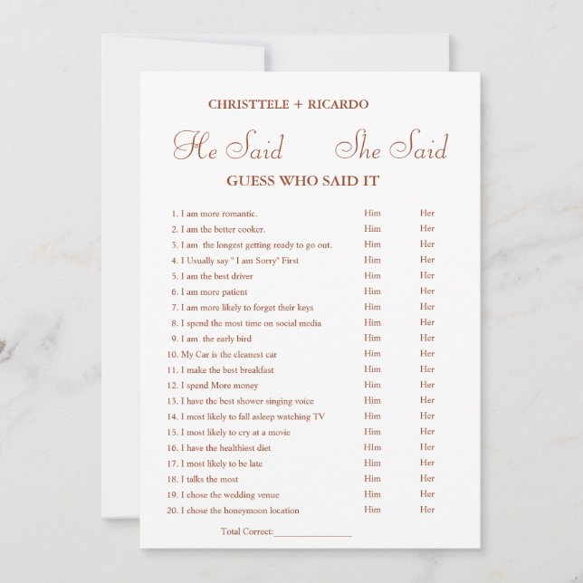 Modern He dit qu'elle a dit carte de jeu de douche (Devant)