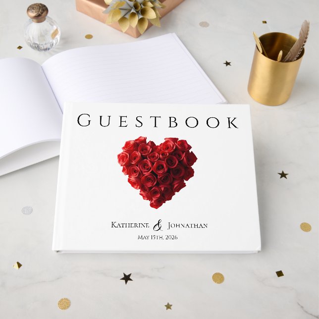 Modern Heart Shaped Red Roses Wedding Gästebuch (Vorderseite Offen)