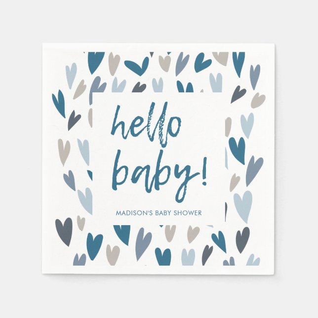 Modern Hearts Blue Boy Baby Dusche Party Napkins Serviette (Vorderseite)