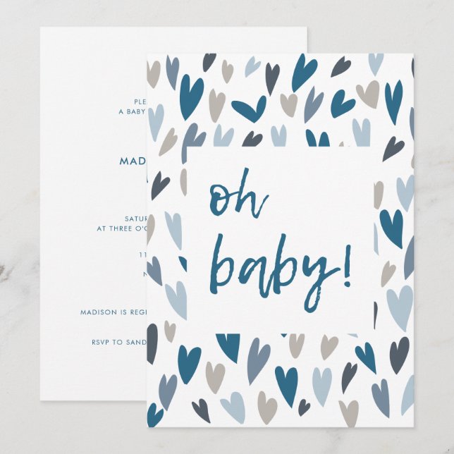 Modern Hearts Blue Boy Oh Baby Dusche Einladung (Vorne/Hinten)