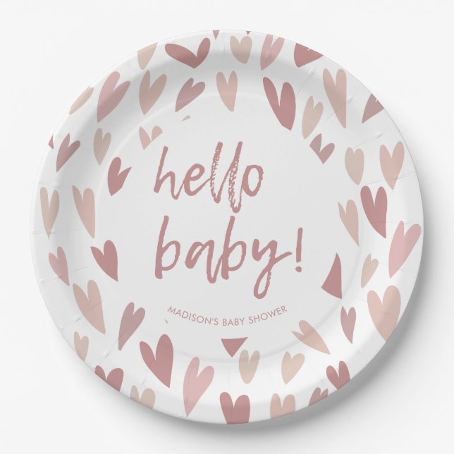 Modern Hearts Pink Girl Baby Dusche Party Pappteller (Vorderseite)