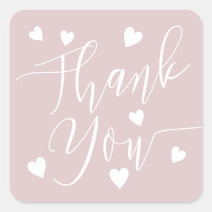 Modern hearts thank you script order dusty pink quadratischer aufkleber